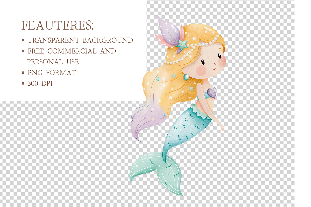 Watercolor Mermaid Clipart Bundle, an Illustration by MockupWizard (Photo 4 of 4)