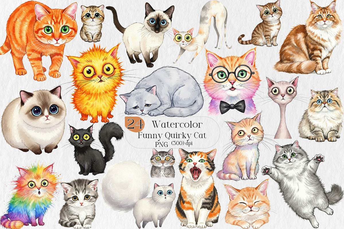 Watercolor Funny Quirky Cat Png, an Illustration by Creative Art (Photo 1 of 8)