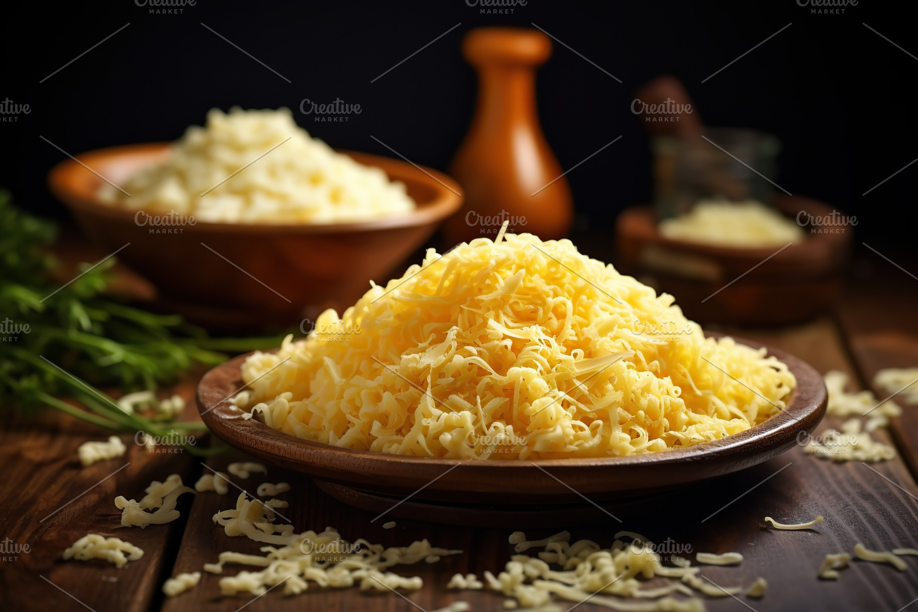Grated cheese on wooden background, a Food & Drink Photo by AlyaAnd