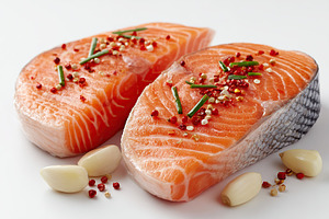 Thick salmon steaks with skin placed on white surface, garnished with spices an, a Food & Drink Photo by AlyaAnd