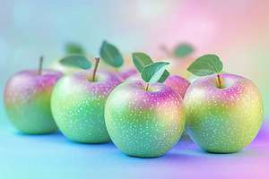 Colorful apples arranged with vibrant pastel background in soft lighting, a Food & Drink Photo by AlyaAnd