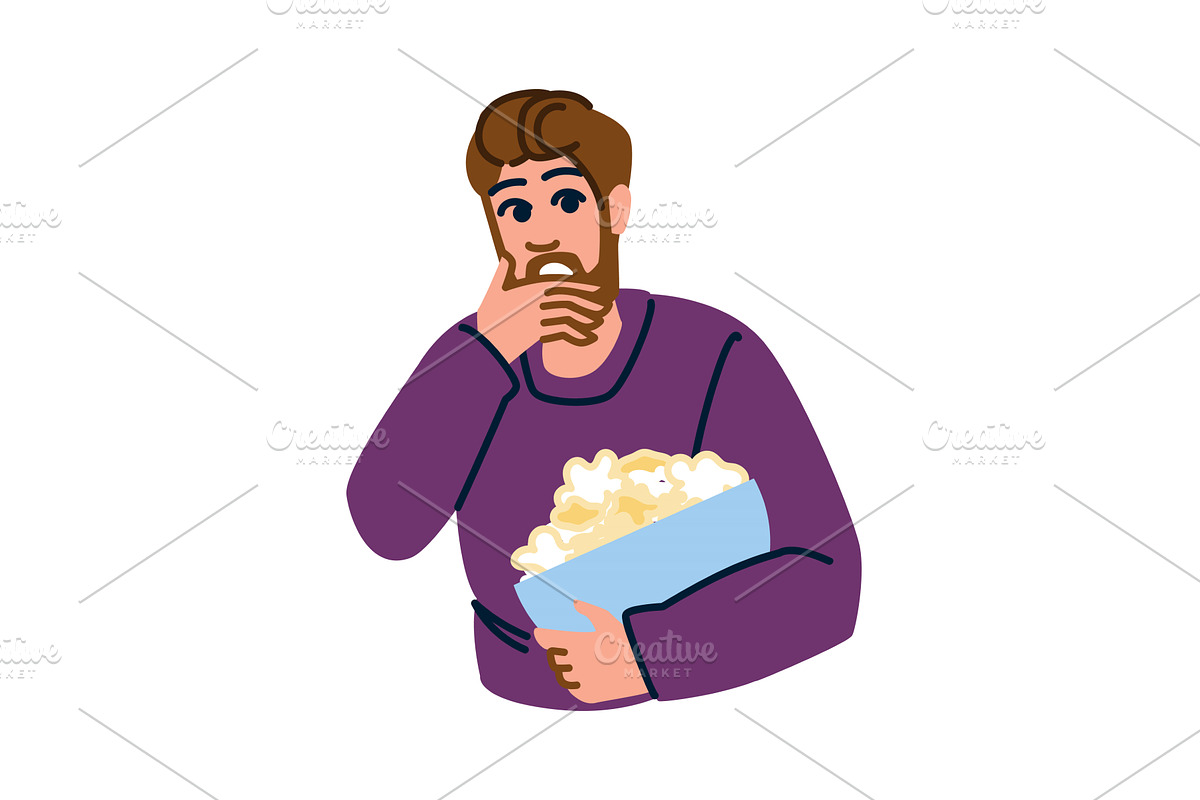 Shocked man watching a movie and, a Food Illustration by pikepicture