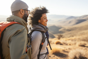 Mixed race couple hiking in desert l, a Photo by Dvoevnore photos