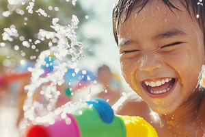 Thai Children celebrating Songkran festival with water fights on, a Photo by Dvoevnore photos