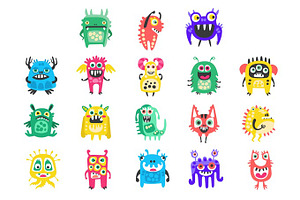 Cartoon Cute Funny Monsters, Aliens And Bacterias Set. Colorful Collection Of Friendly Monsters Illustration