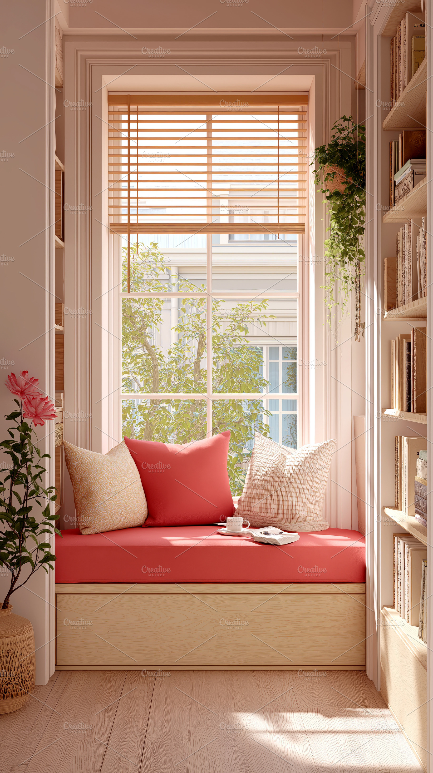 Window Nook with Cushions and Coffee, an Architecture Photo by Ocean Digital Art
