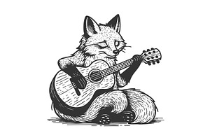 Fox Playing Guitar engraving vector, an Animal Illustration by AlexArt