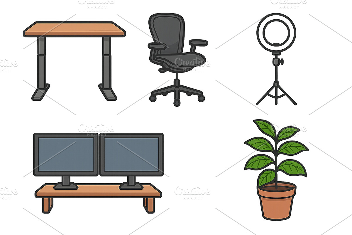 Workspace setup featuring a desk, a Technology Illustration by ZinetroN