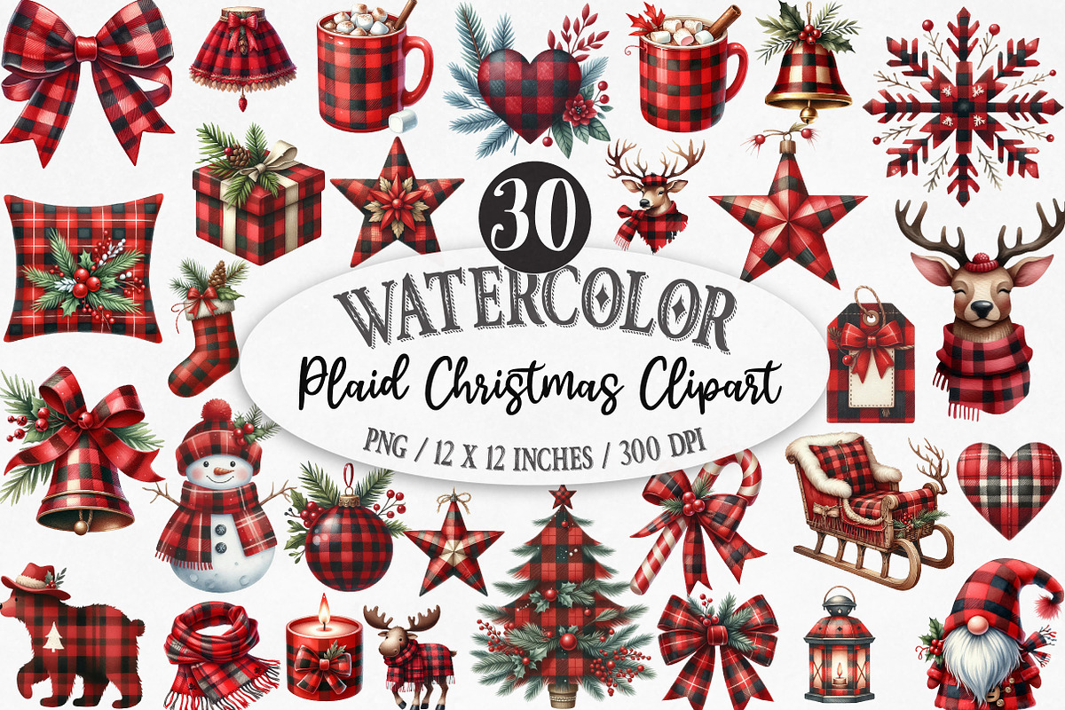 Red Buffalo Plaid Christmas Clipart, an Illustration by Designking (Photo 1 of 5)