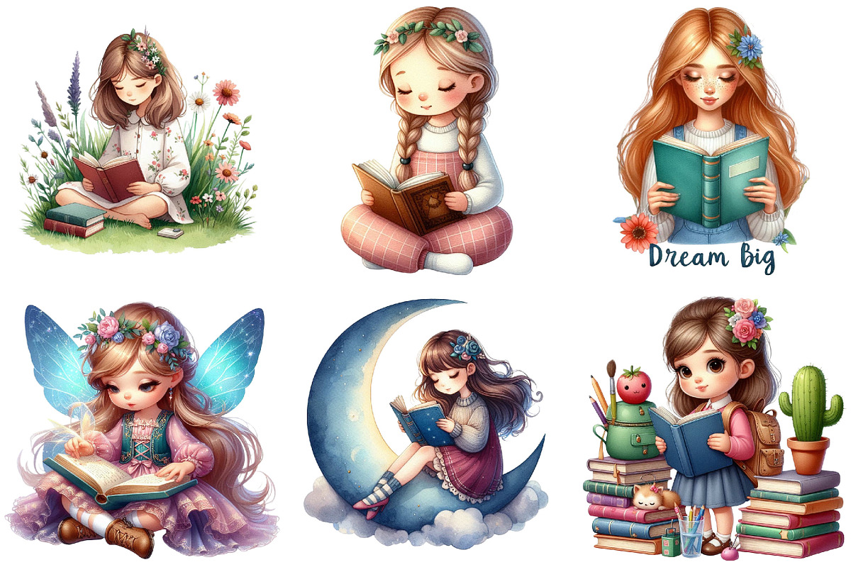 Cute Little Girl Reading Clipart, an Illustration by Pixels.Craft (Photo 6 of 10)