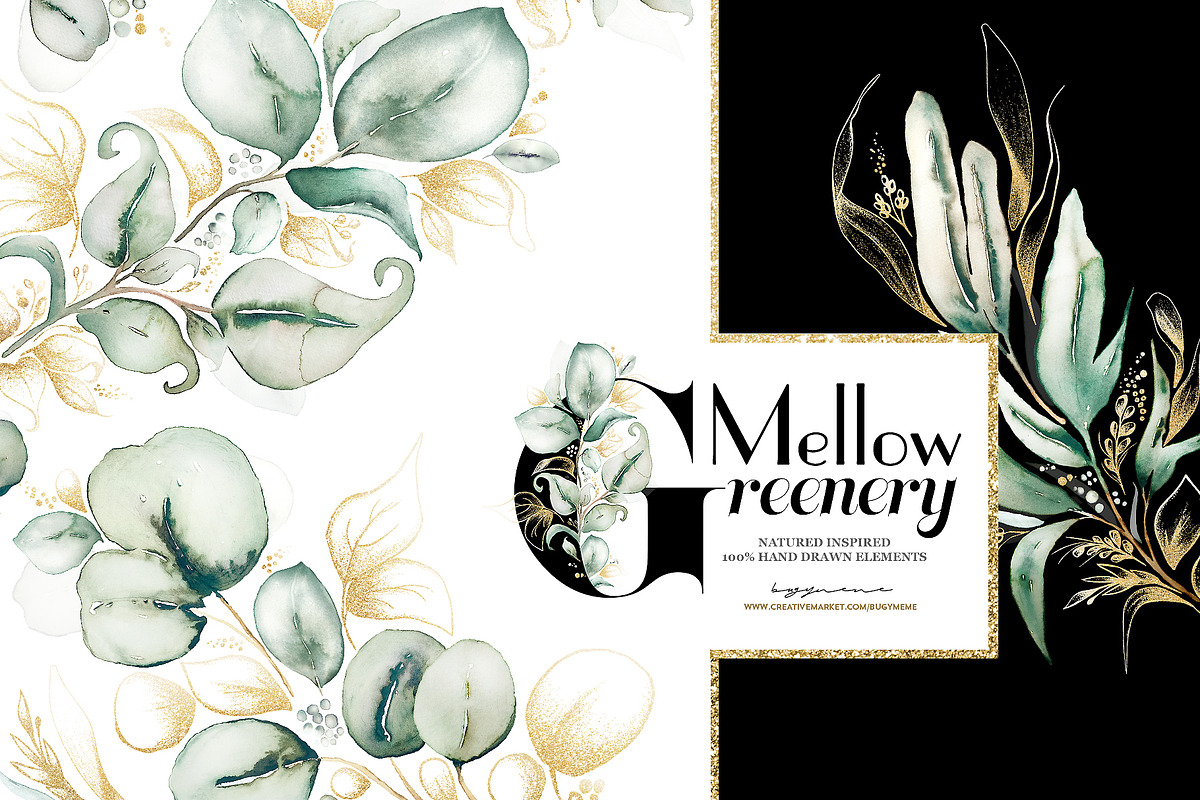 Mellow Greenery. Watercolor and Gold, a Decorative Illustration by Tinydew (Photo 1 of 14)