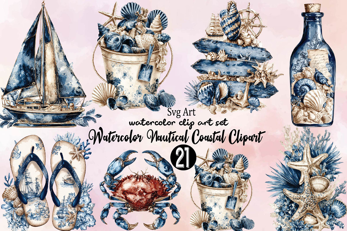 Watercolor Nautical Coastal Clipart, an Illustration by SVGArt (Photo 1 of 9)