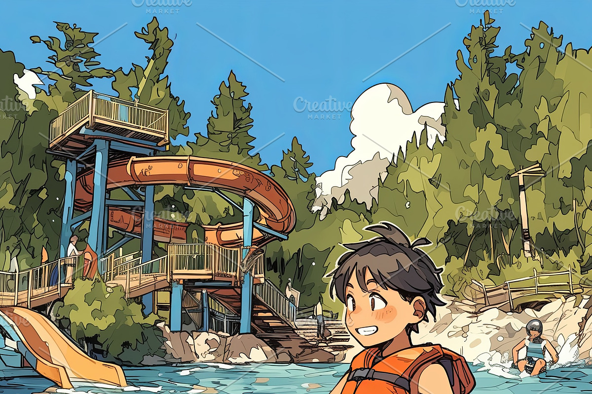 Happy child kayaking near a water park on a sunny summer day, an Illustration by AS photostudio