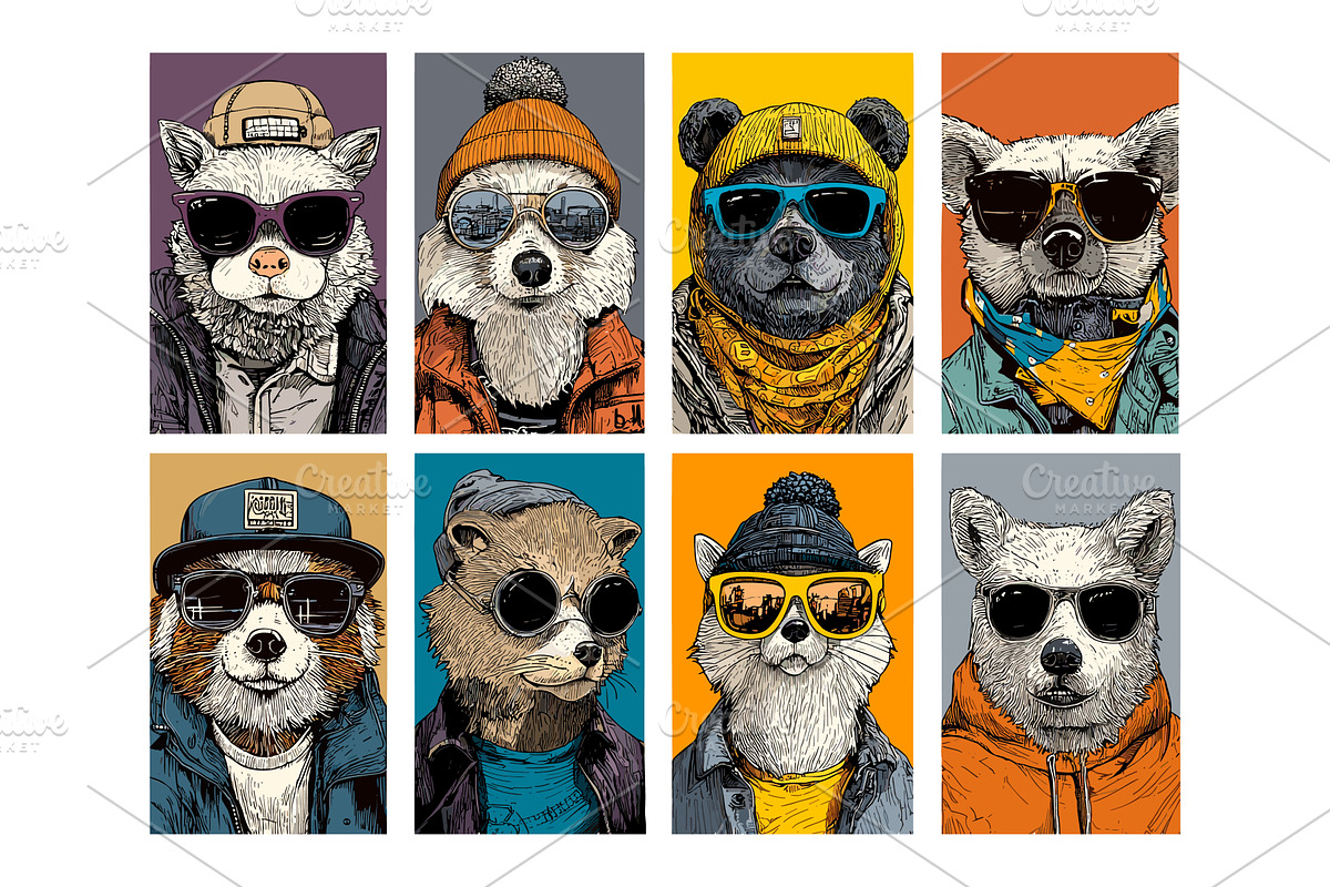 Hipster animals portraits cartoon, an Animal Illustration by Onyx