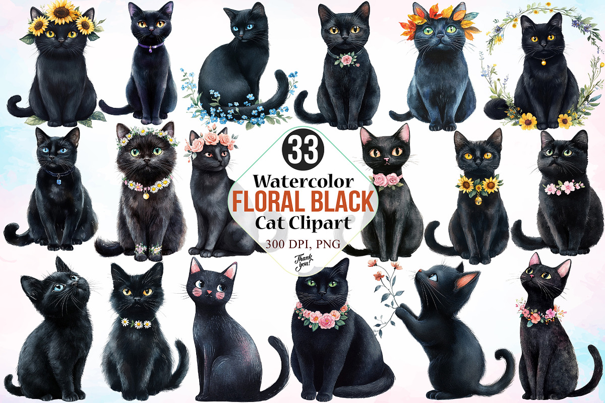 Watercolor Floral Black Cat Clipart, a Seasonal Illustration by Canvas ...