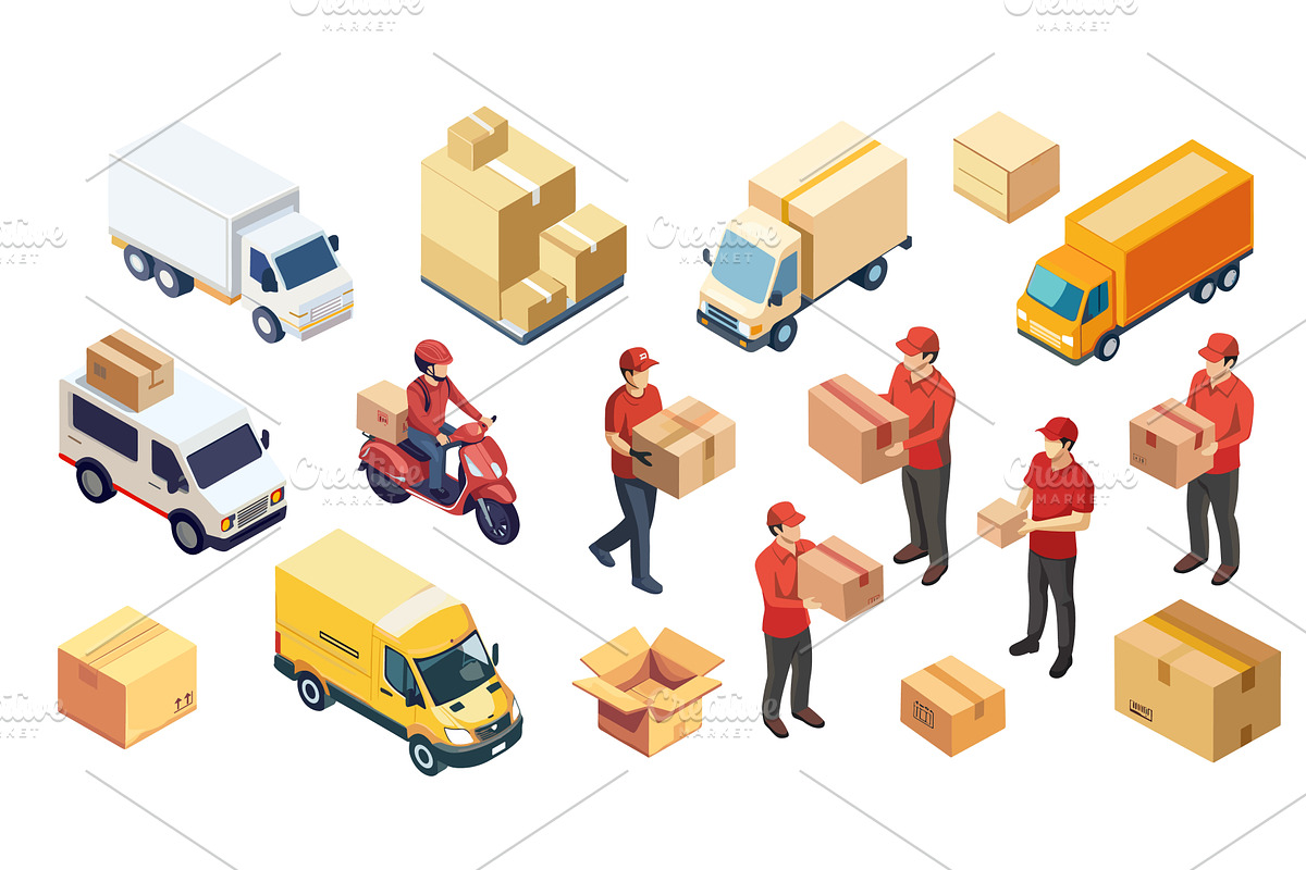 Isometric delivery. 3d couriers, a Transportation Illustration by Stock-Smart-Start