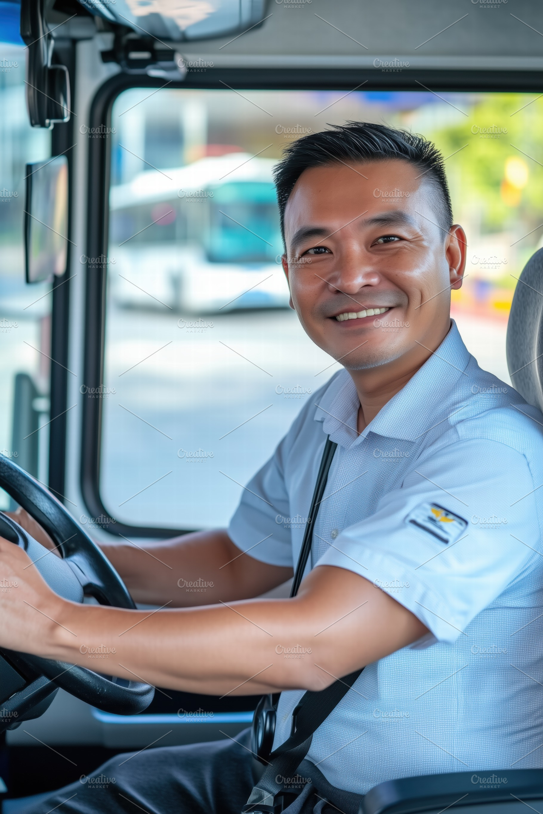 A smiling bus driver sitting in the driver's seat of a bus, wearing a white shi, a Person Photo by Textures & Backgrounds