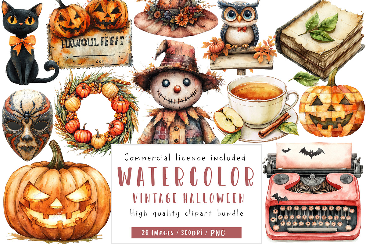 Vintage Halloween Watercolor Clipart, an Illustration by CreationArt (Photo 1 of 5)