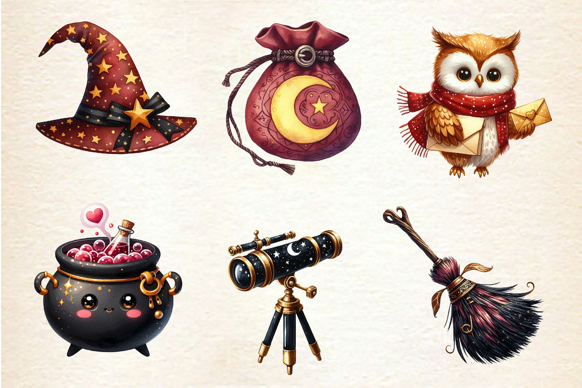 Cute Magic School Watercolor Clipart, an Illustration by Dream Creation (Photo 2 of 6)