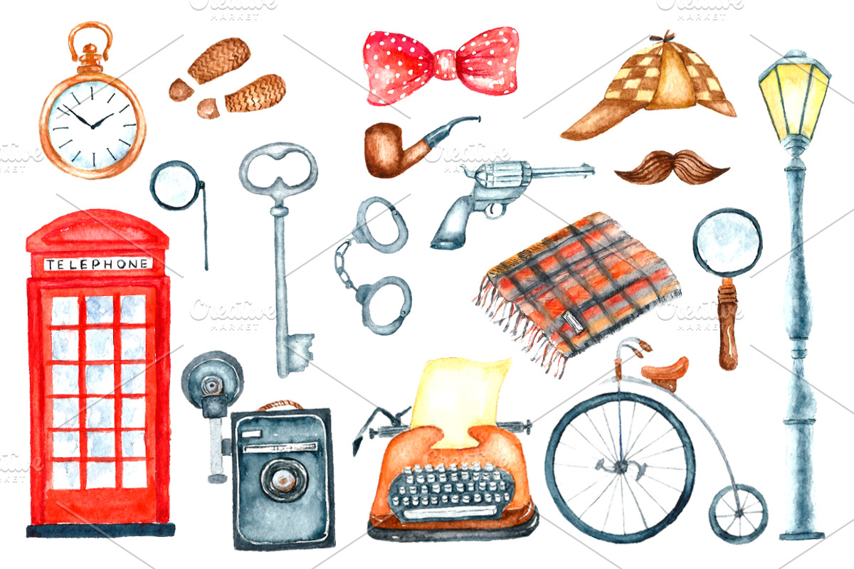 Watercolor retro detective set., an Illustration by Vikeriya (Photo 2 of 5)