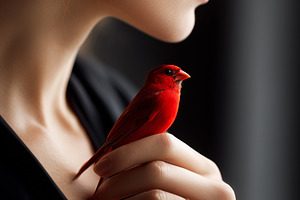 Woman holding a vibrant red bird on, an Animal Photo by MistyDay