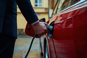 Businessman holding power cable for charging electric car on new electric stati, a Photo by AlyaAnd