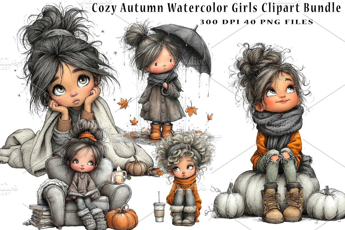 Cozy Autumn Watercolor Girls, a Seasonal Illustration by CreationArt (Photo 1 of 6)