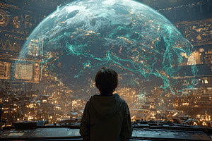 Child observing futuristic Earth dig, a Photo by Pixeness Studio