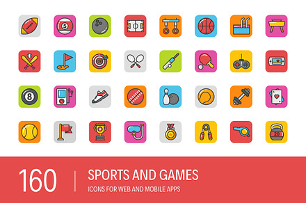 160 Sports and Games Icons, an Outline Icon by Vectors Market