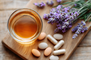 Herbal tea made with fresh lavender and supplements on a wooden surface, a Food & Drink Photo by AlyaAnd