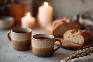 Ceramic mugs filled with coffee beside fresh bread and candles on a cozy table, a Food & Drink Photo by AlyaAnd