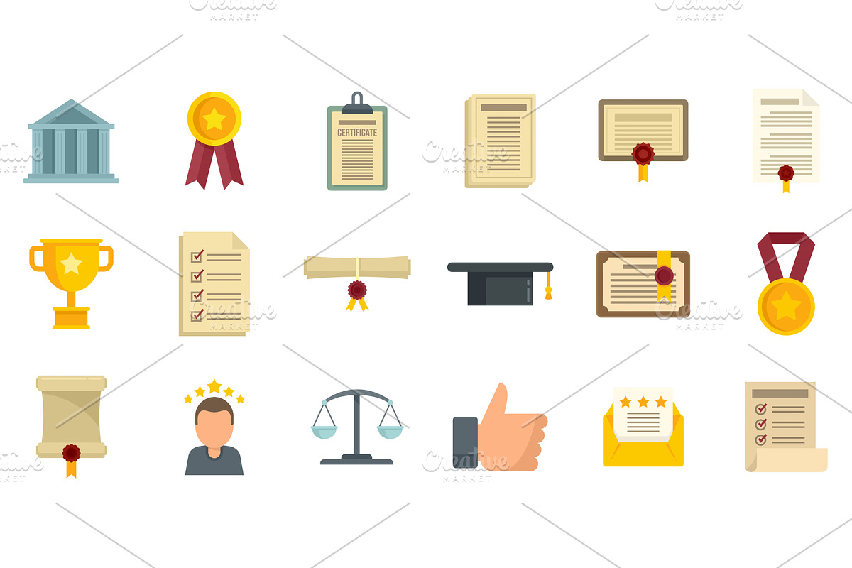 Attestation service icons set flat, an Object Illustration by Ylivdesign