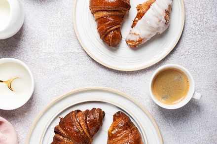 Various Italian croissant with coffee, a Food & Drink Photo by oxana.denezhkina