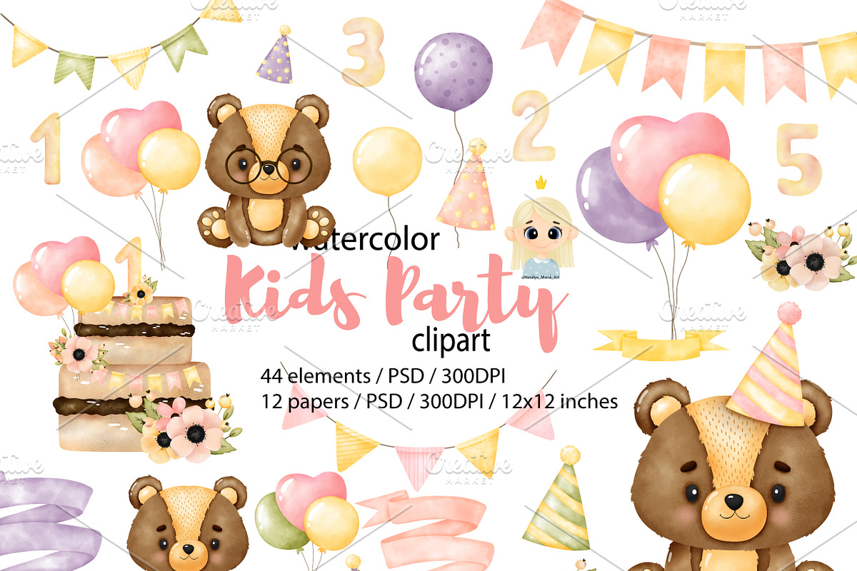 Baby Girl Birthday Party Clipart, an Animal Illustration by Natalya_Mona_Art (Photo 1 of 9)
