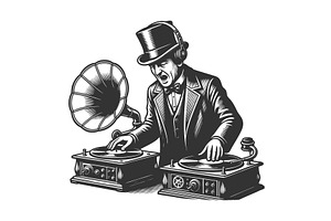 Vintage DJ Mixing Music with, a Person Illustration by AlexArt