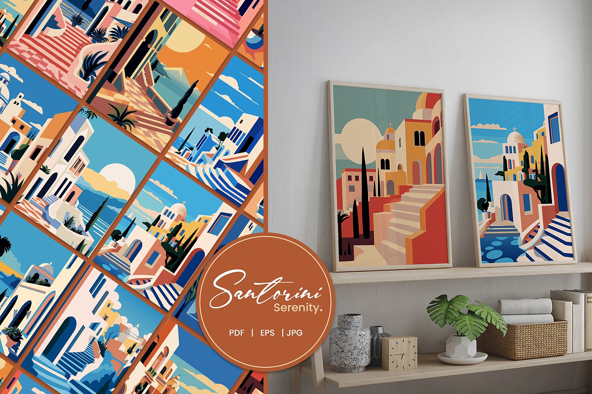 Flat Vector Santorini Serenity Print, a Background Graphic by Vibrand Studio (Photo 3 of 9)