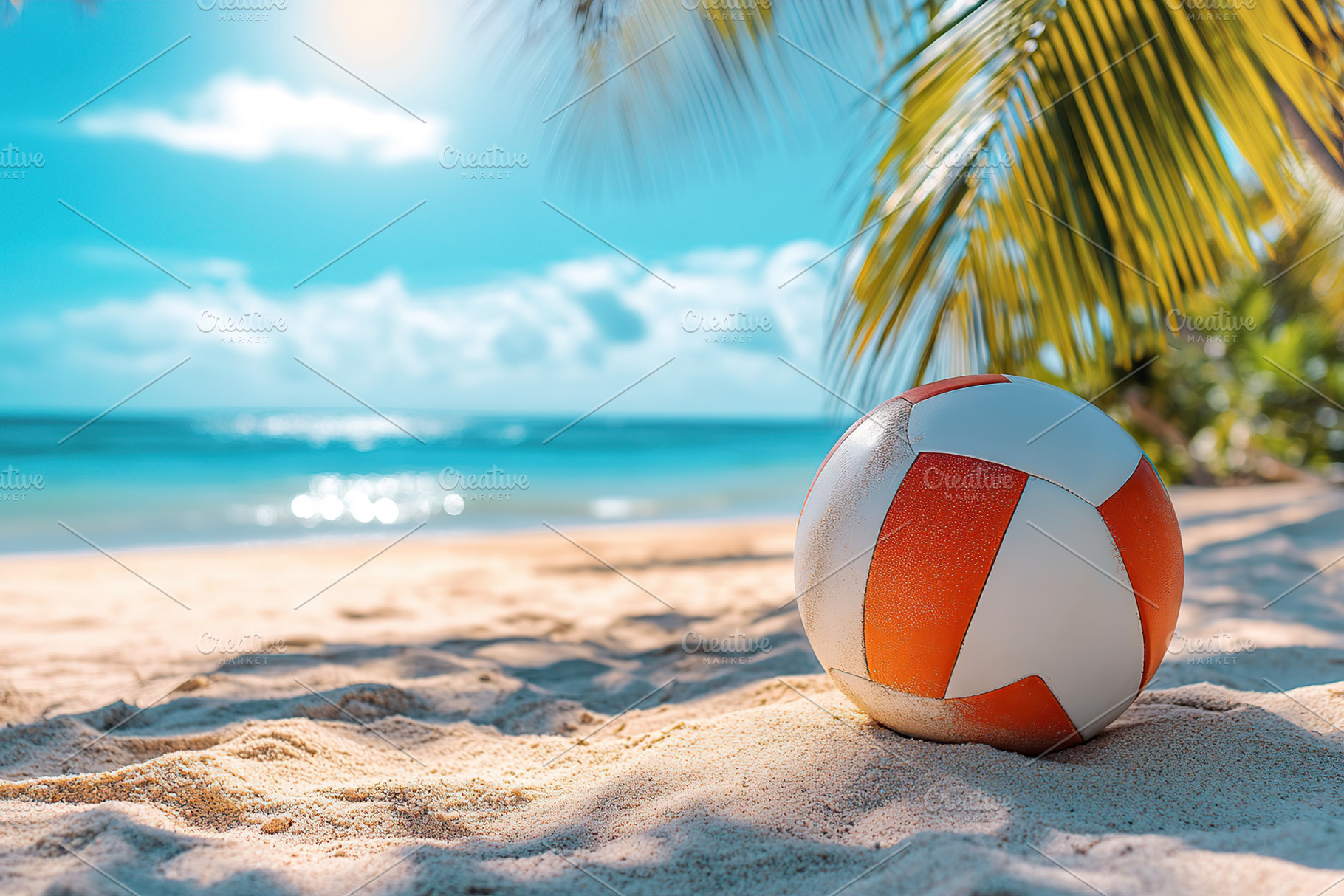 Volleyball on sandy beachfront with clear blue sky and palm tree, a Sports & Recreation Photo by AlyaAnd