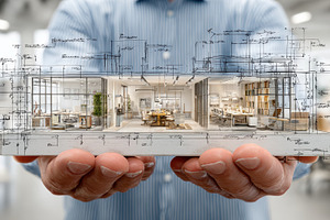 Architect holding modern office desi, a Photo by Pixeness Studio