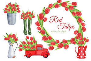 Red tulips watercolor clipart