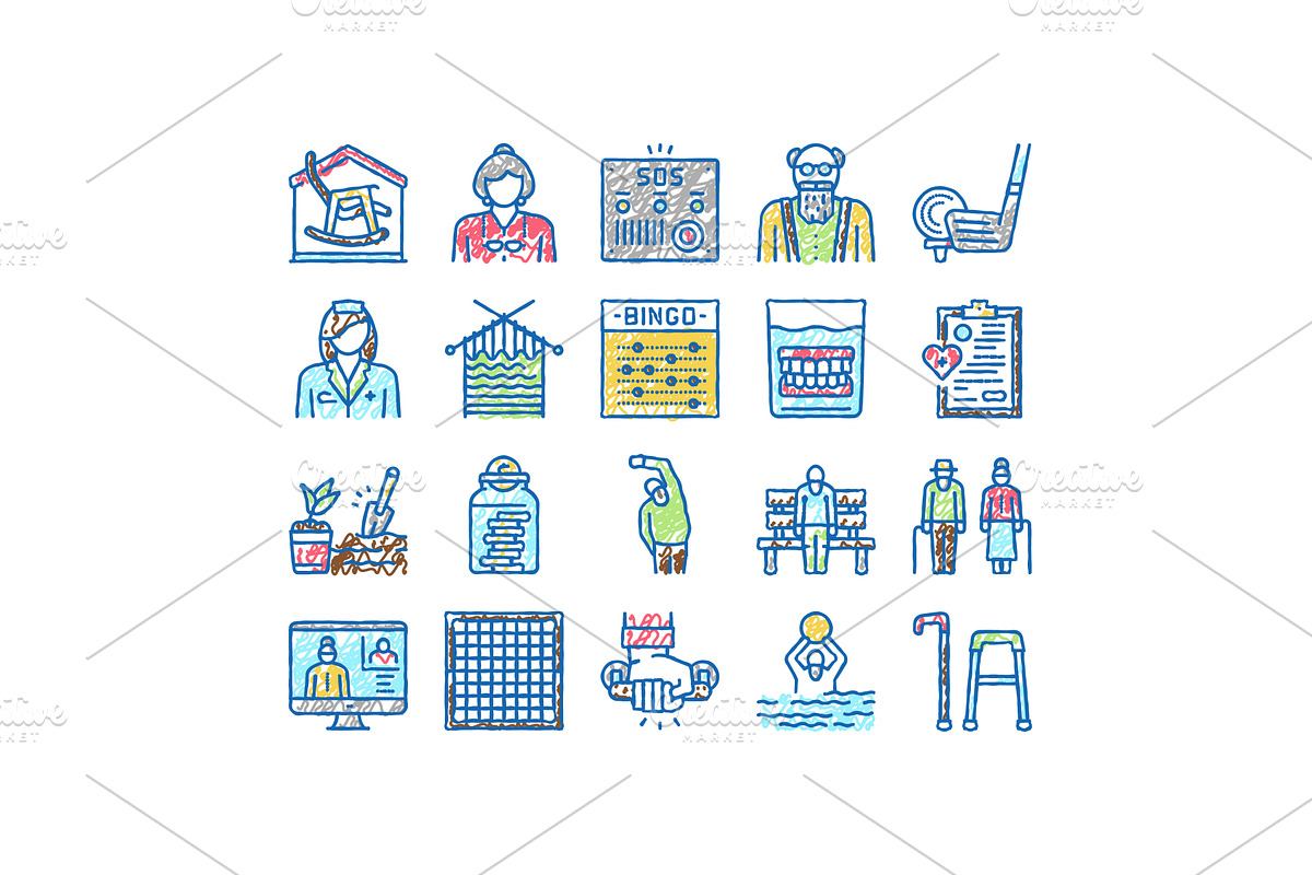 Elderly People Care set Icons hand, an Object Illustration by pikepicture