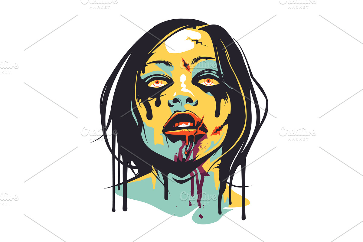 Zombie woman face dripping blood, a Person Illustration by Vectorstockersland