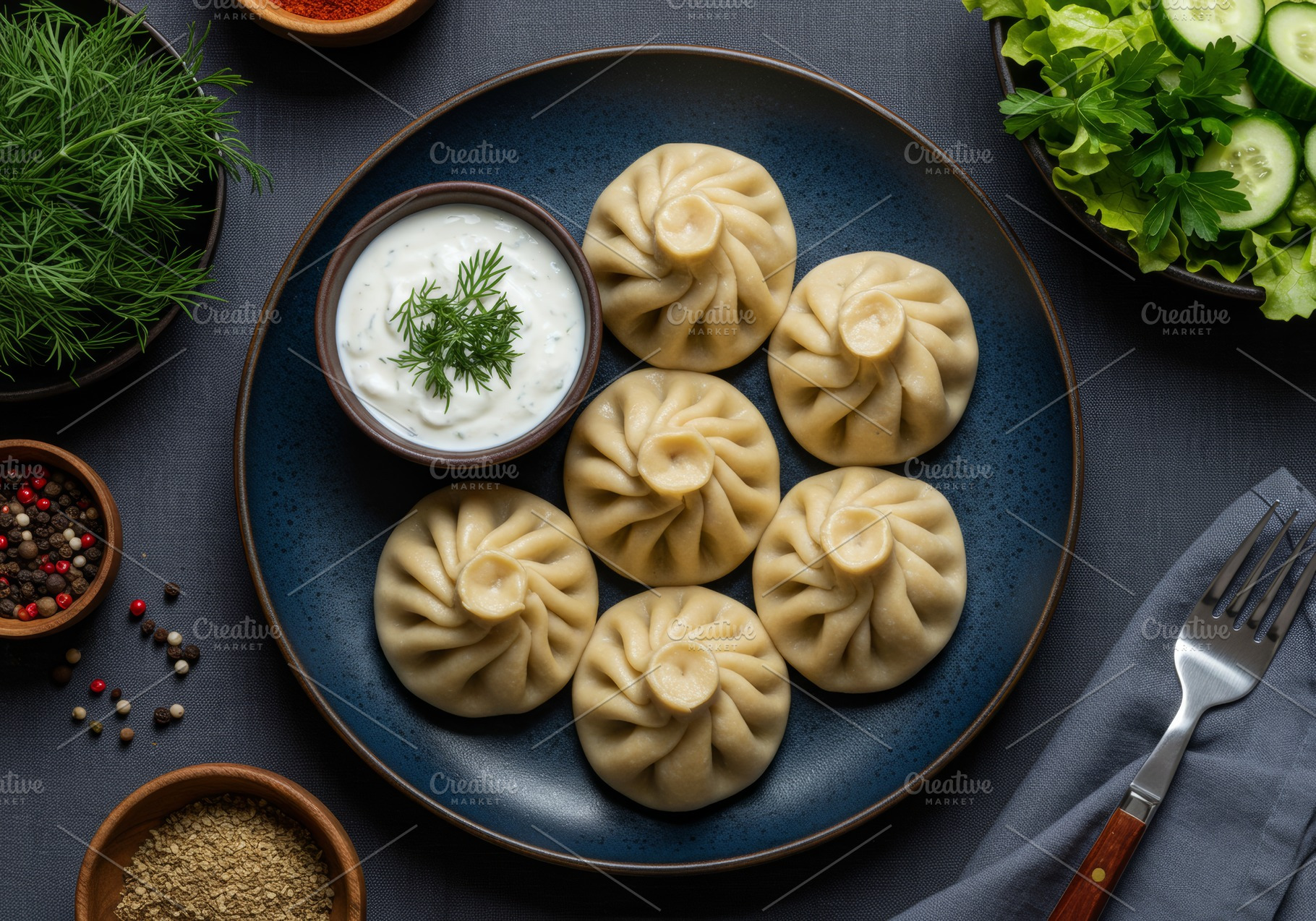 Traditional khinkali dumplings serve, a Food & Drink Photo by professorinc