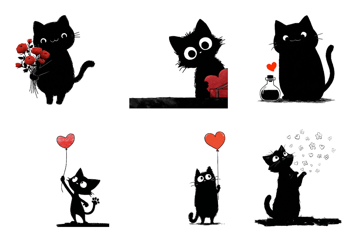 Whimsical Valentine Black Cat Clipar, an Illustration by CreationArt (Photo 5 of 6)