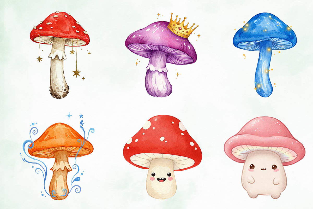 Watercolor Cute Magic Mushroom Png, an Illustration by Creative Art (Photo 2 of 9)