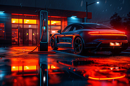 Electric car charging station at night. Copy space., a Transportation Photo by AS photostudio