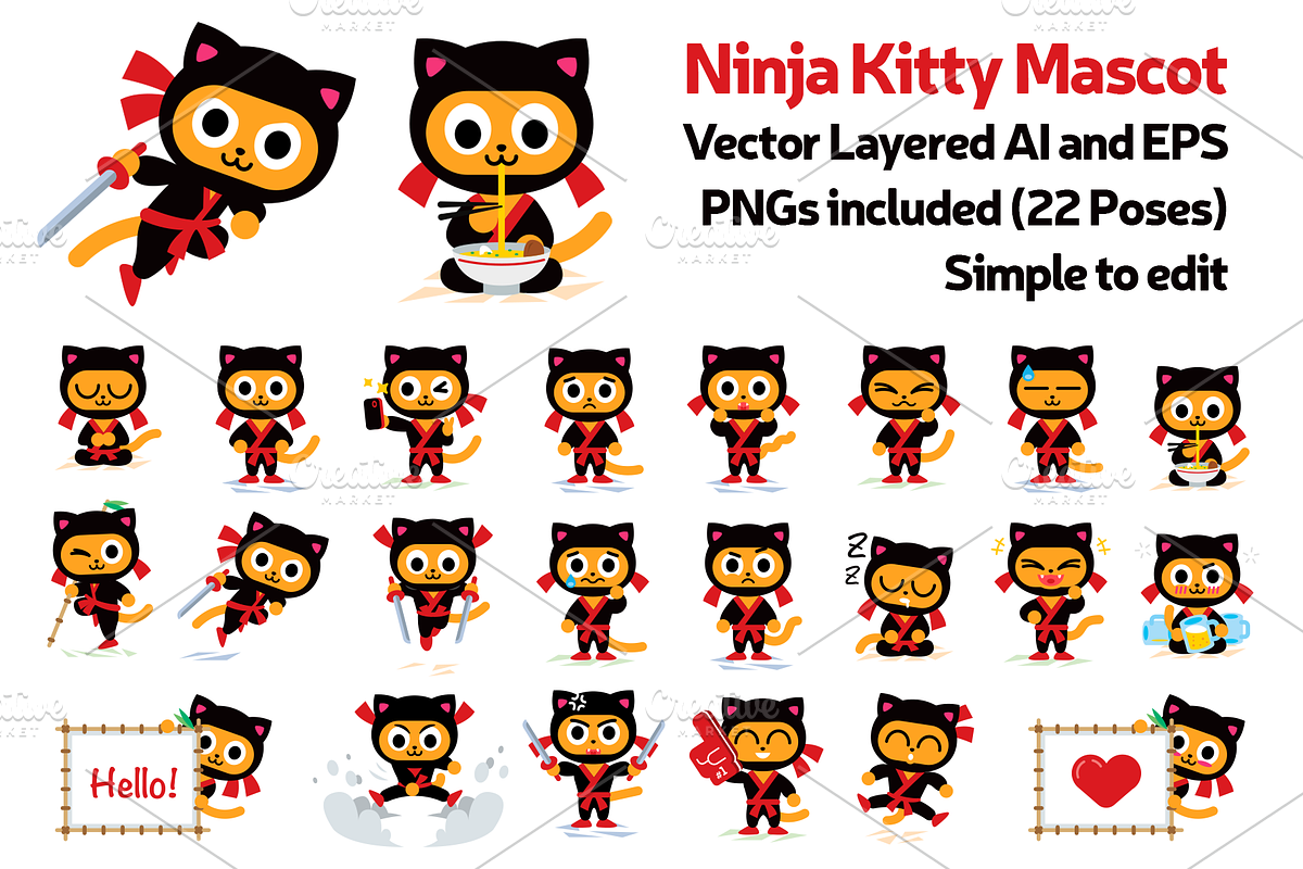 Ninja Kitty Vector Character Mascot, an Animal Illustration by Manudesign (Photo 1 of 3)