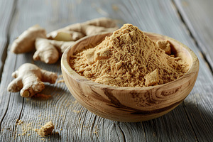 Ground dry ginger in bowl on wooden background, a Food & Drink Photo by AlyaAnd