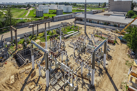 Top view of highvoltage substation with switches and disconnectors stock
