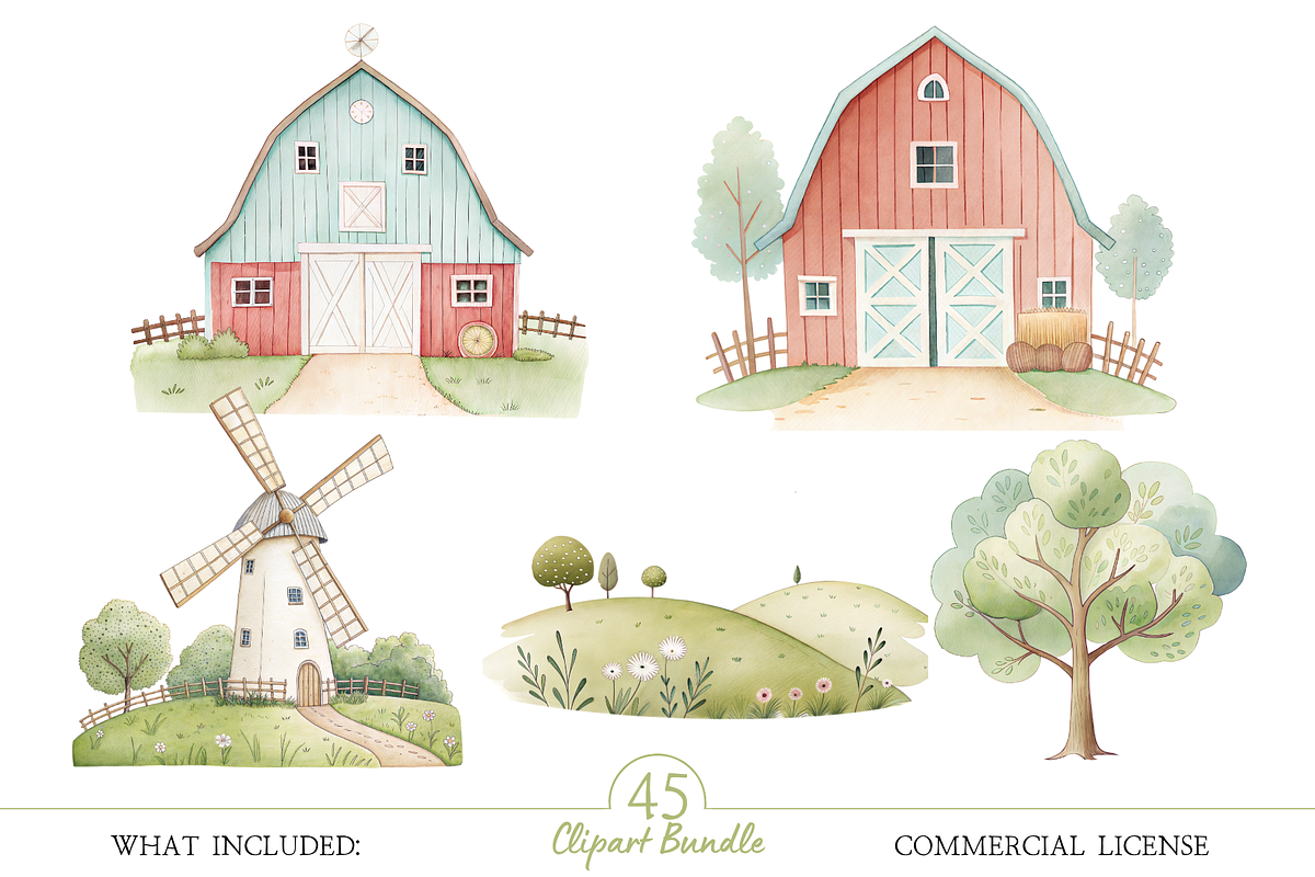 Little Farm Watercolor Clipart, an Illustration by MockupWizard (Photo 4 of 7)