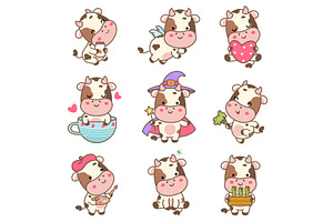 Kawaii cow. Funny cows stickers, an Animal Illustration by Stock-Smart-Start